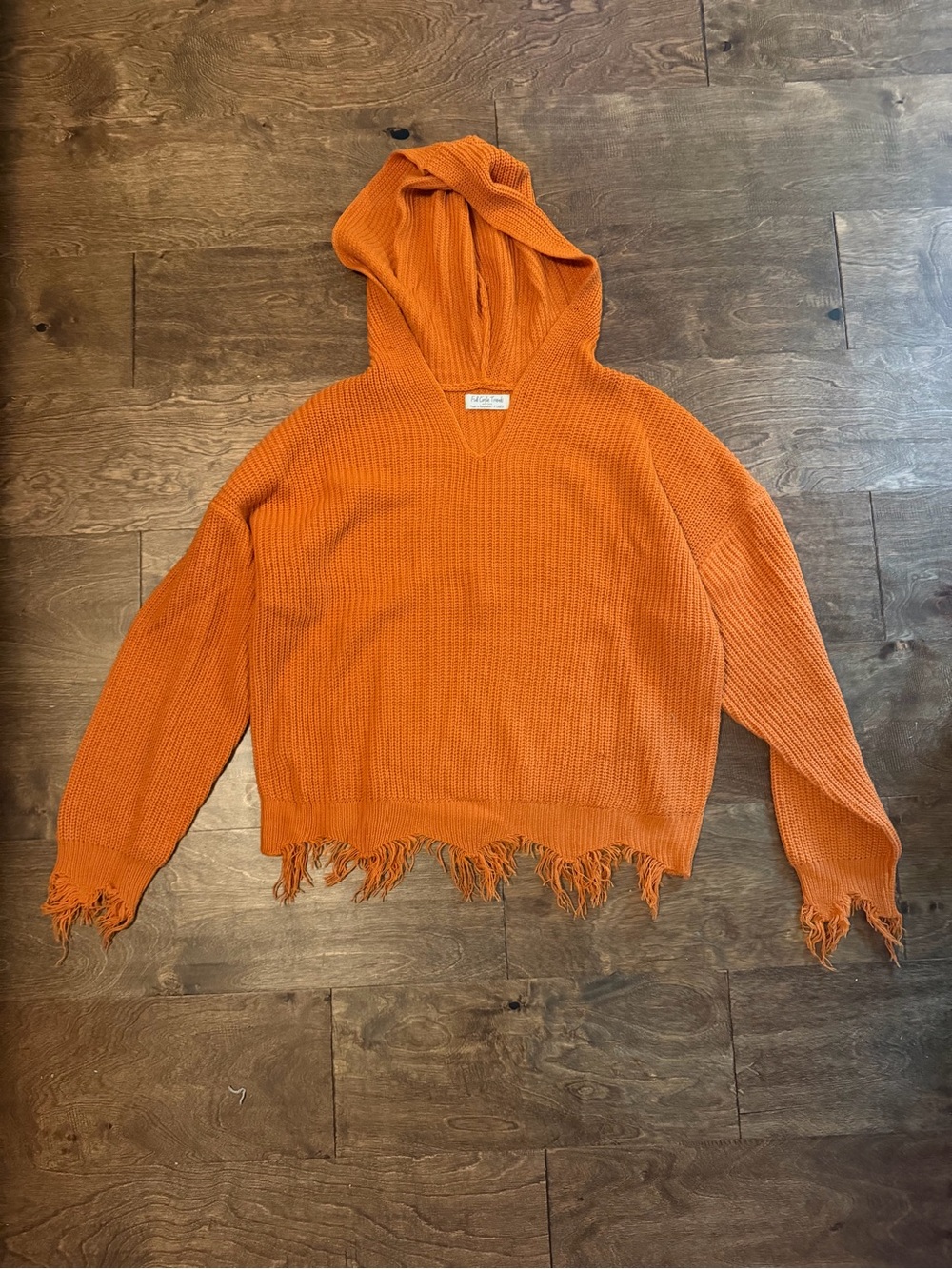Orange Hooded Frayed Hem Women's Sweater